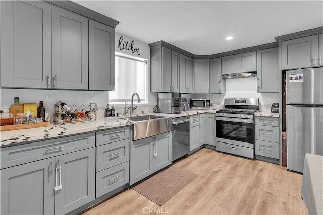 kitchen featuring gray cabinets, light hardwood / wood-style floors, appliances with stainless steel finishes, and sink