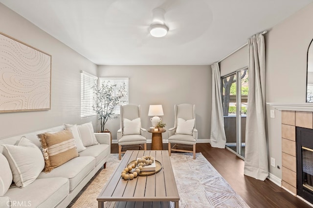 living room with a fireplace and hardwood / wood-style floors