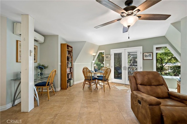 interior space featuring french doors, vaulted ceiling, and ceiling fan