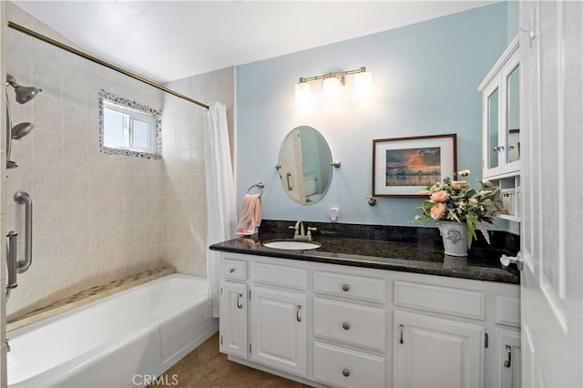 bathroom with vanity and shower / bathtub combination with curtain