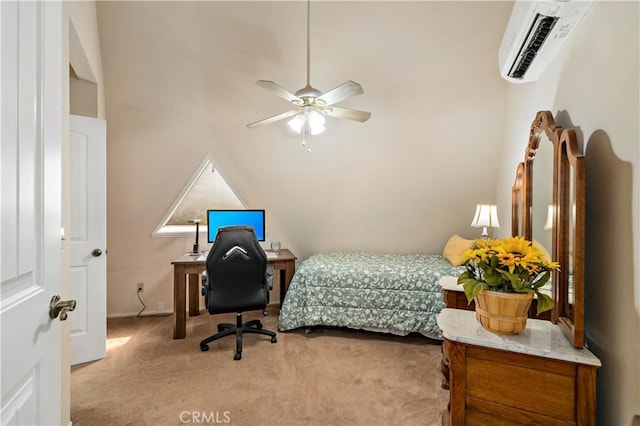 carpeted bedroom with a wall unit AC, ceiling fan, and vaulted ceiling