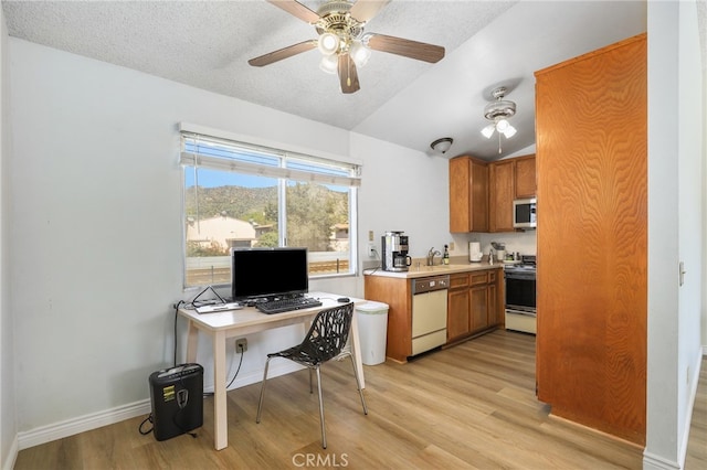 home office featuring light hardwood / wood-style floors, ceiling fan, sink, and a textured ceiling