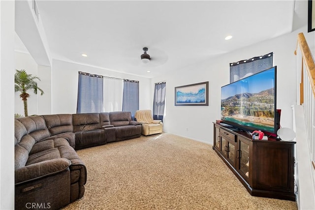 living room with carpet floors, a ceiling fan, and recessed lighting