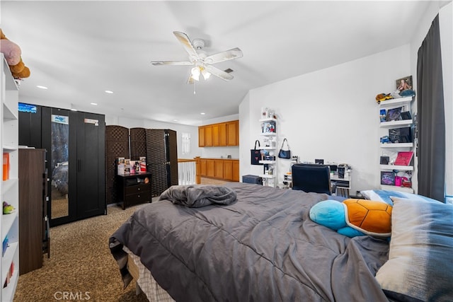 bedroom with recessed lighting, light colored carpet, and ceiling fan