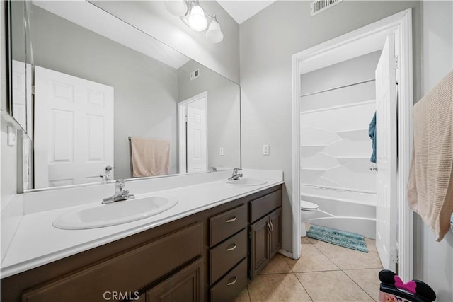 full bathroom featuring toilet, a sink, visible vents, and tile patterned floors