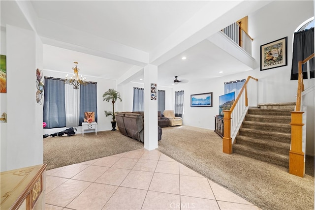 foyer entrance with stairs, recessed lighting, light colored carpet, and light tile patterned flooring