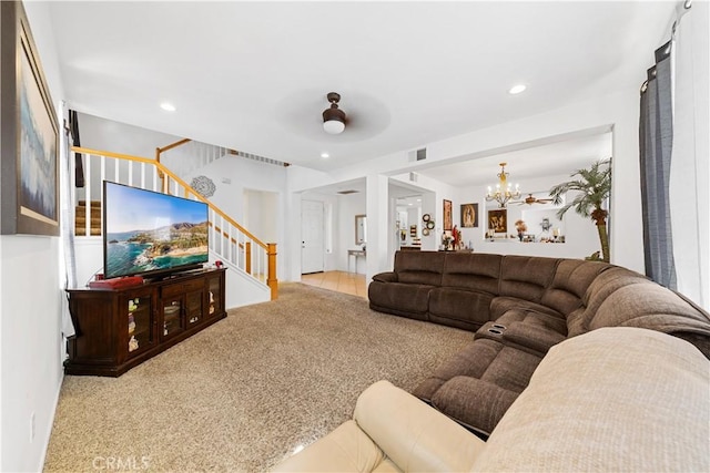 11819 La Costa Ct, Yucaipa, CA 92399 - living room featuring stairway, carpet, a chandelier, recessed lighting, and ceiling fan