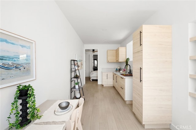 kitchen featuring sink, light brown cabinets, and light wood-type flooring