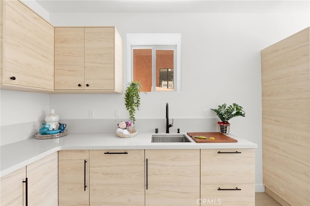 kitchen with light brown cabinetry and sink