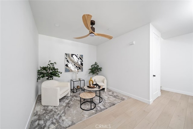 sitting room featuring ceiling fan and light hardwood / wood-style floors