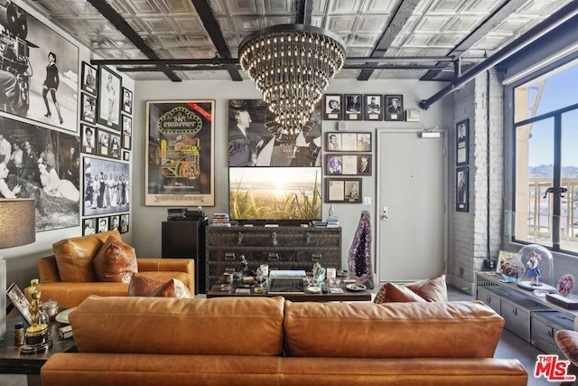 living room featuring a chandelier