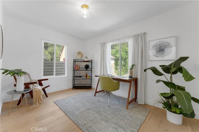 living area featuring plenty of natural light and light hardwood / wood-style flooring