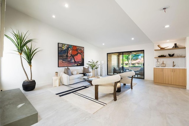 living room with lofted ceiling