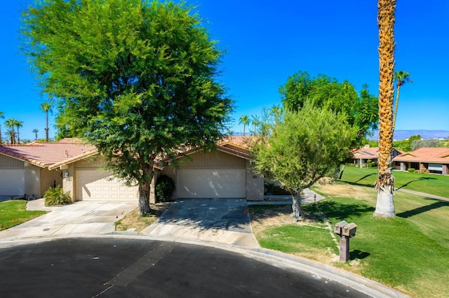 obstructed view of property featuring a front lawn and a garage