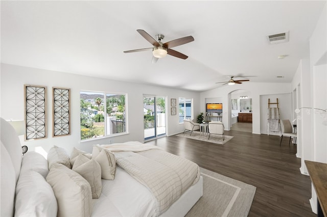 bedroom with access to outside, ceiling fan, dark hardwood / wood-style flooring, and lofted ceiling