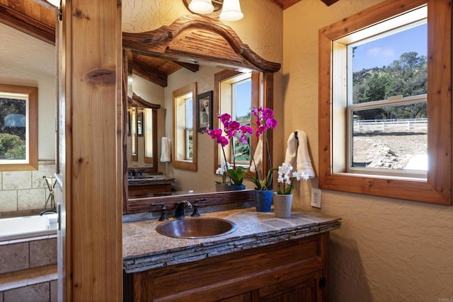 bathroom with vanity and a bath