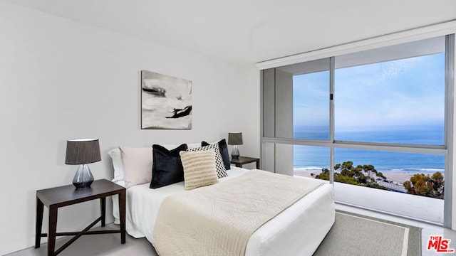 bedroom with expansive windows, a water view, and a beach view