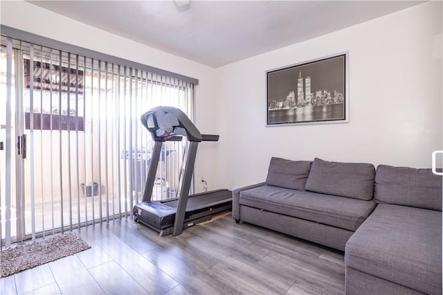 exercise room with wood finished floors