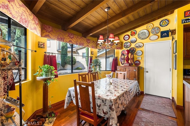 dining room with wood ceiling, dark hardwood / wood-style flooring, beamed ceiling, and a chandelier