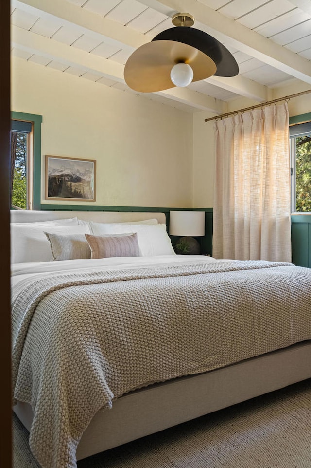 bedroom featuring beamed ceiling and wood ceiling