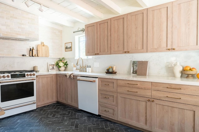 kitchen with beam ceiling, decorative backsplash, light brown cabinets, and white appliances