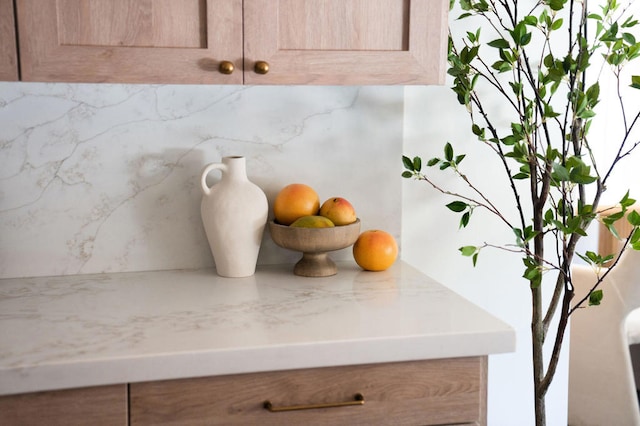 interior details featuring decorative backsplash and light stone counters