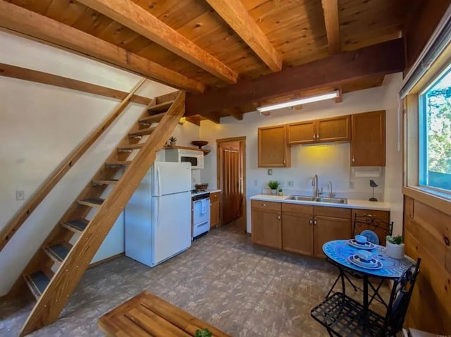 kitchen featuring beamed ceiling, sink, wood ceiling, and white appliances