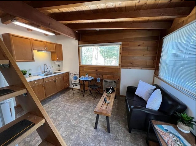 interior space with beamed ceiling, sink, wooden walls, and wooden ceiling