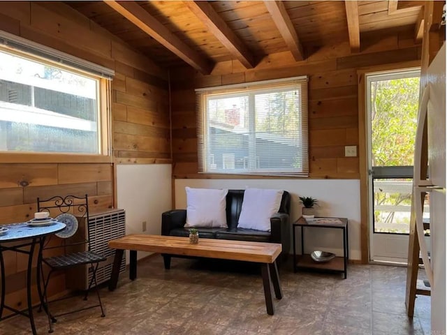 living area with beam ceiling, wood walls, wooden ceiling, and a wealth of natural light