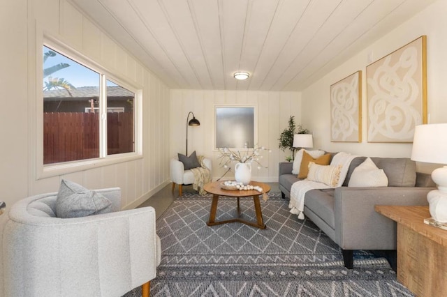 living room with wood ceiling