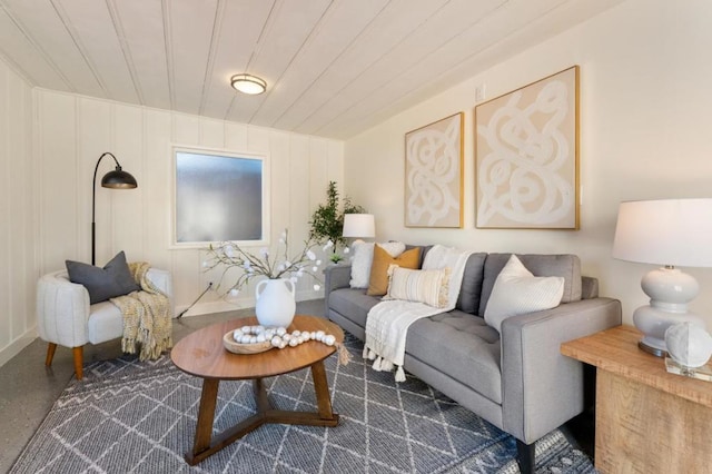 living room with wooden ceiling