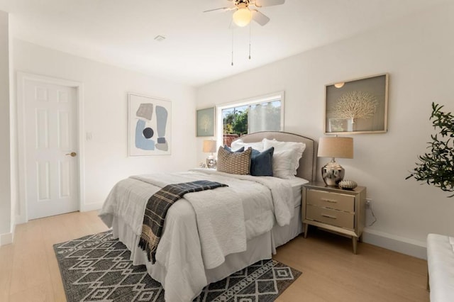 bedroom featuring ceiling fan and light wood-type flooring