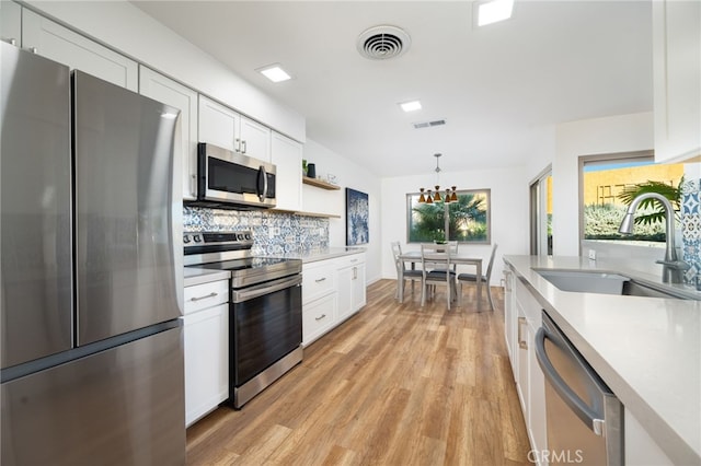 kitchen featuring white cabinets, stainless steel appliances, hanging light fixtures, and sink