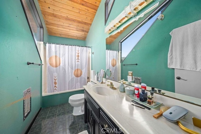 full bathroom featuring vanity, wood ceiling, lofted ceiling, toilet, and shower / tub combo with curtain