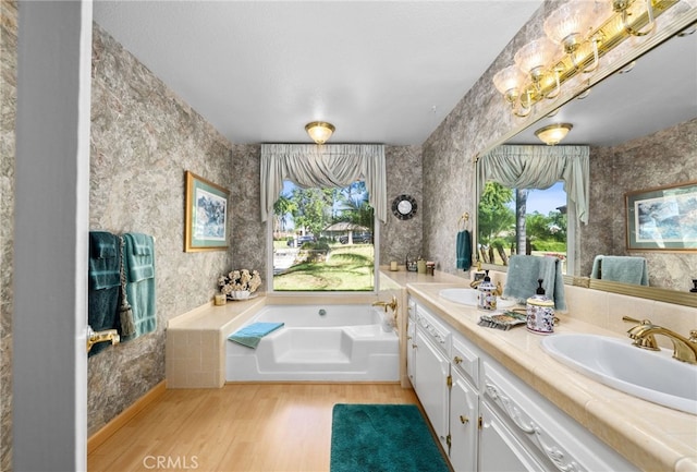 bathroom featuring a tub to relax in, vanity, and hardwood / wood-style flooring