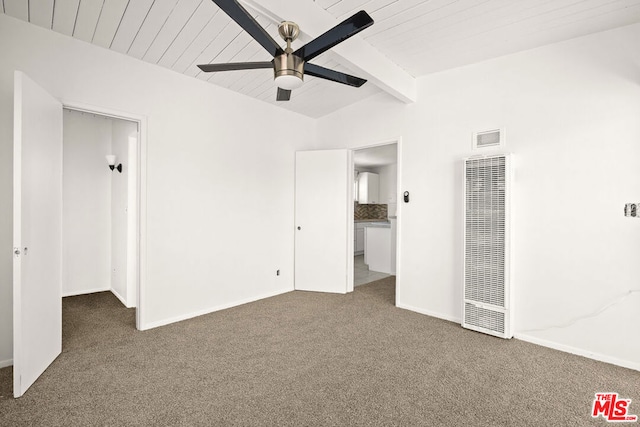 unfurnished bedroom with vaulted ceiling with beams, carpet flooring, and ceiling fan