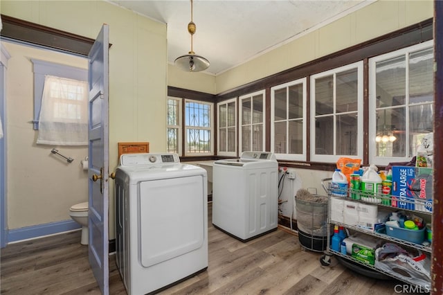 laundry area featuring crown molding, washer and clothes dryer, and hardwood / wood-style floors