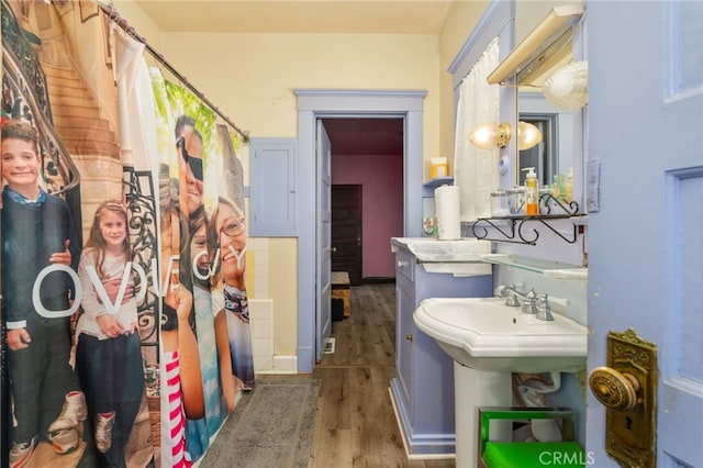 bathroom with hardwood / wood-style flooring