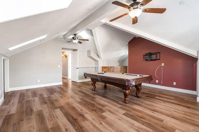 game room with vaulted ceiling with beams, hardwood / wood-style flooring, ceiling fan, and billiards