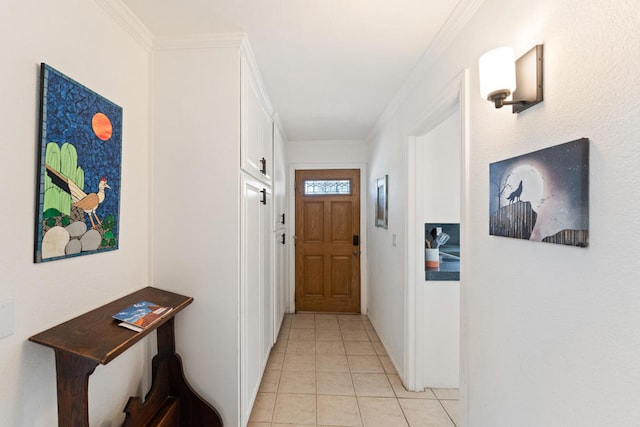 corridor featuring crown molding and light tile patterned flooring