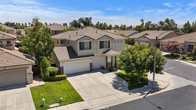 view of front of home featuring driveway, stone siding, a residential view, and a tiled roof