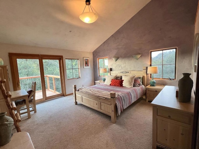 bedroom featuring light carpet, access to outside, and high vaulted ceiling