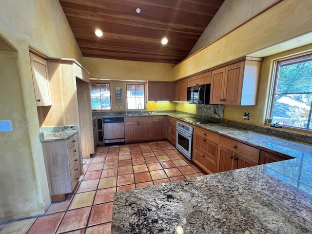 kitchen with lofted ceiling, sink, backsplash, wood ceiling, and black appliances