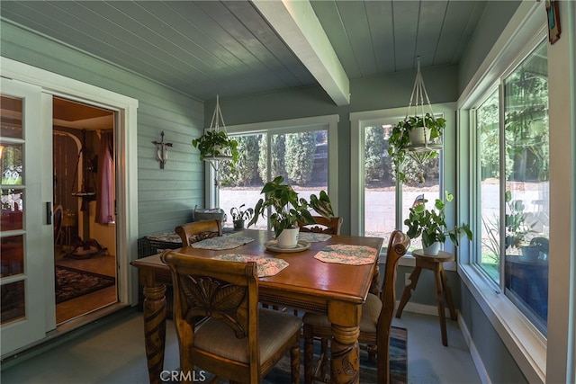 sunroom / solarium with a wealth of natural light, beamed ceiling, and wooden ceiling