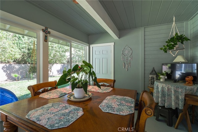 dining area featuring beam ceiling, wood ceiling, and wood walls