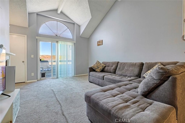 living area with beamed ceiling, baseboards, a textured ceiling, and carpet flooring