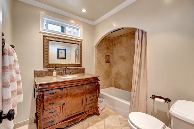 full bathroom featuring crown molding, shower / tub combo, tile patterned floors, vanity, and toilet