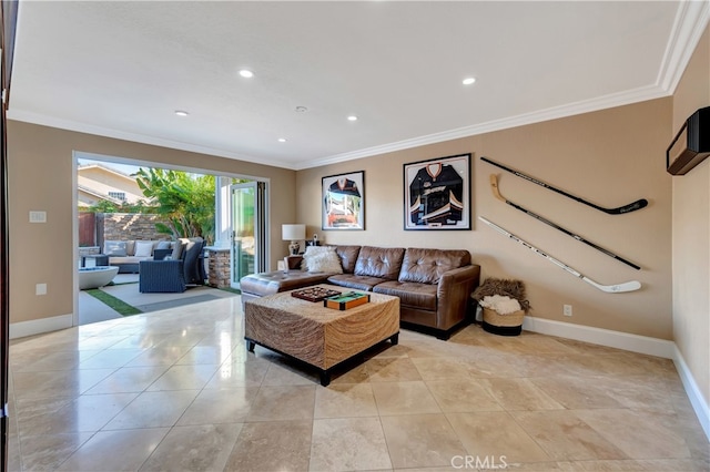 living room featuring light tile patterned floors and ornamental molding