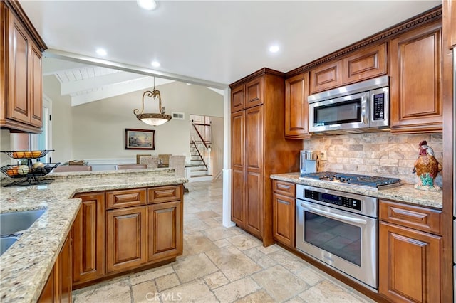 kitchen featuring lofted ceiling with beams, tasteful backsplash, light stone countertops, stainless steel appliances, and decorative light fixtures