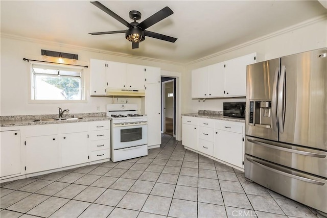 kitchen with gas range gas stove, crown molding, sink, white cabinets, and stainless steel fridge with ice dispenser